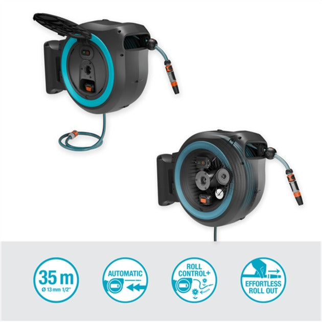 Gardena 35 m wand-slangenbox powerroll xl slanghaspel (grijs turquoise, 35 meter, accu en oplader niet inbegrepen, power for all alliance)
