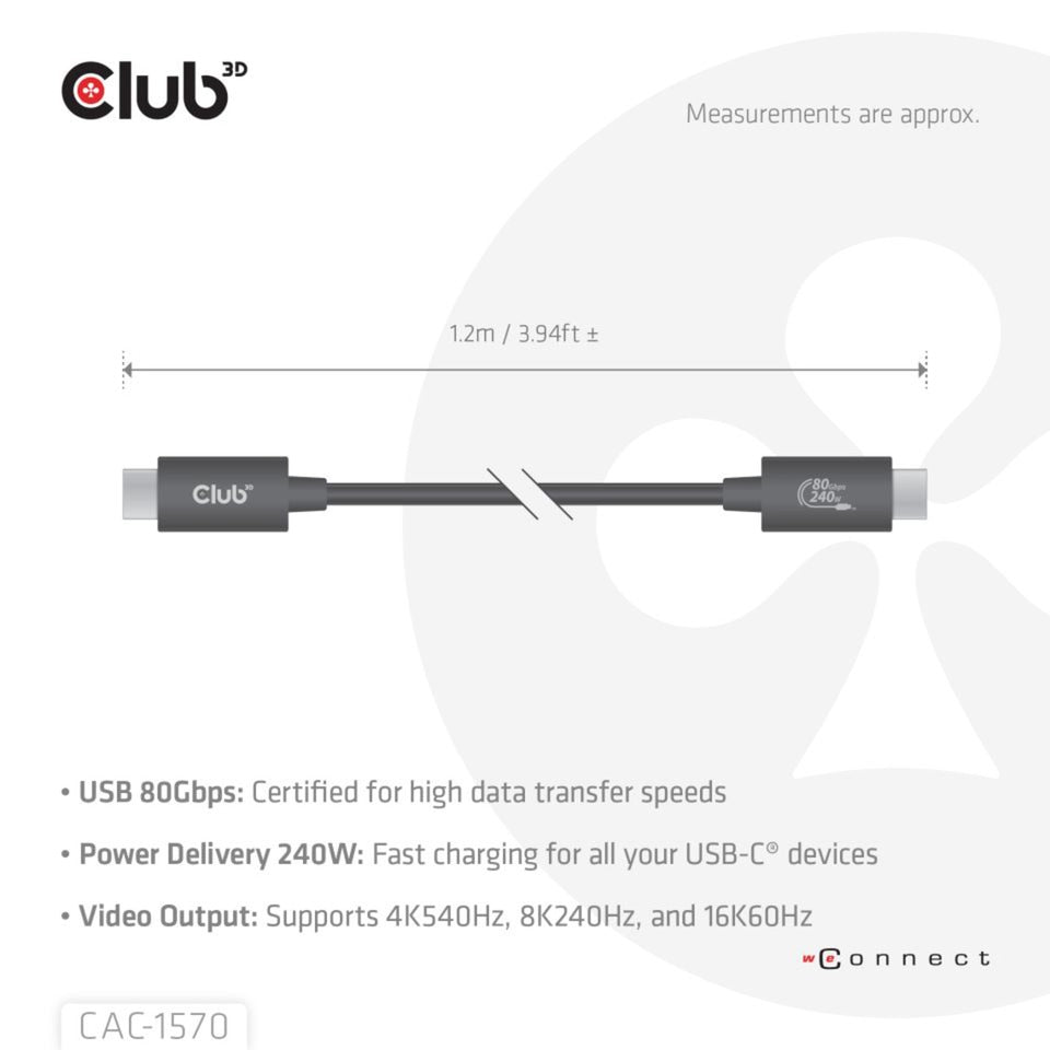 Club 3d usb-c 80gbps certified 240w 8k 240hz kabel (zwart, 1.2m)