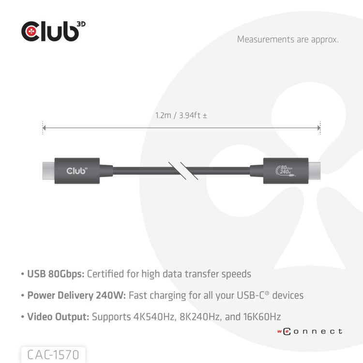 Club 3d usb-c 80gbps certified 240w 8k 240hz kabel (zwart, 1.2m)