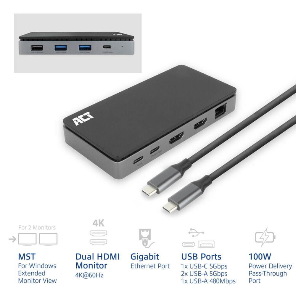 Act connectivity usb-c 4k mst dockingstation (zwart grijs)