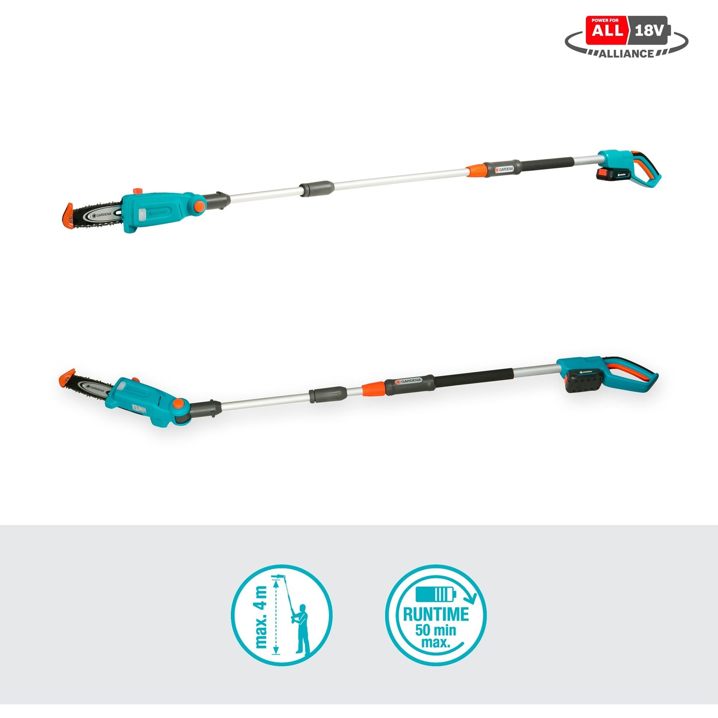 Gardena accu telescopische snoeizaag tcs 20 18 p4a set stoksnoeizaag (turquoise grijs, 14770-20, accu inbegrepen)