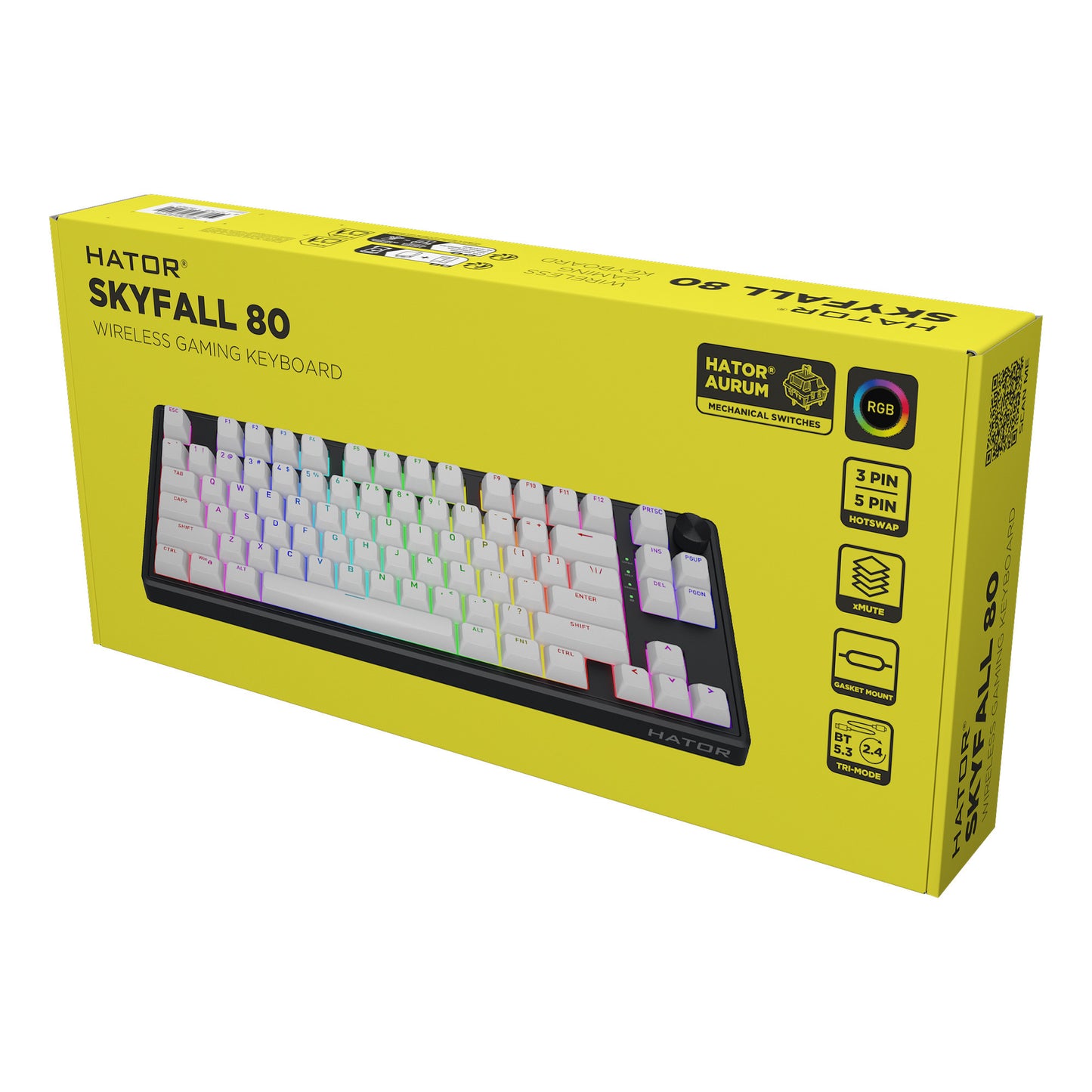 Hator skyfall wireless, gaming toetsenbord (zwart, us lay-out, hator aurum lemon, 80% (tkl), rgb, double shot abs, hot-swap, 2.4ghz bluetooth usb-c)
