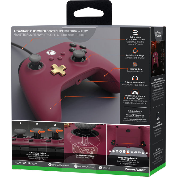Powera advantage plus bedrade controller voor xbox series x|s - robijn (donkerrood, xbox series x|s, xbox one, pc)