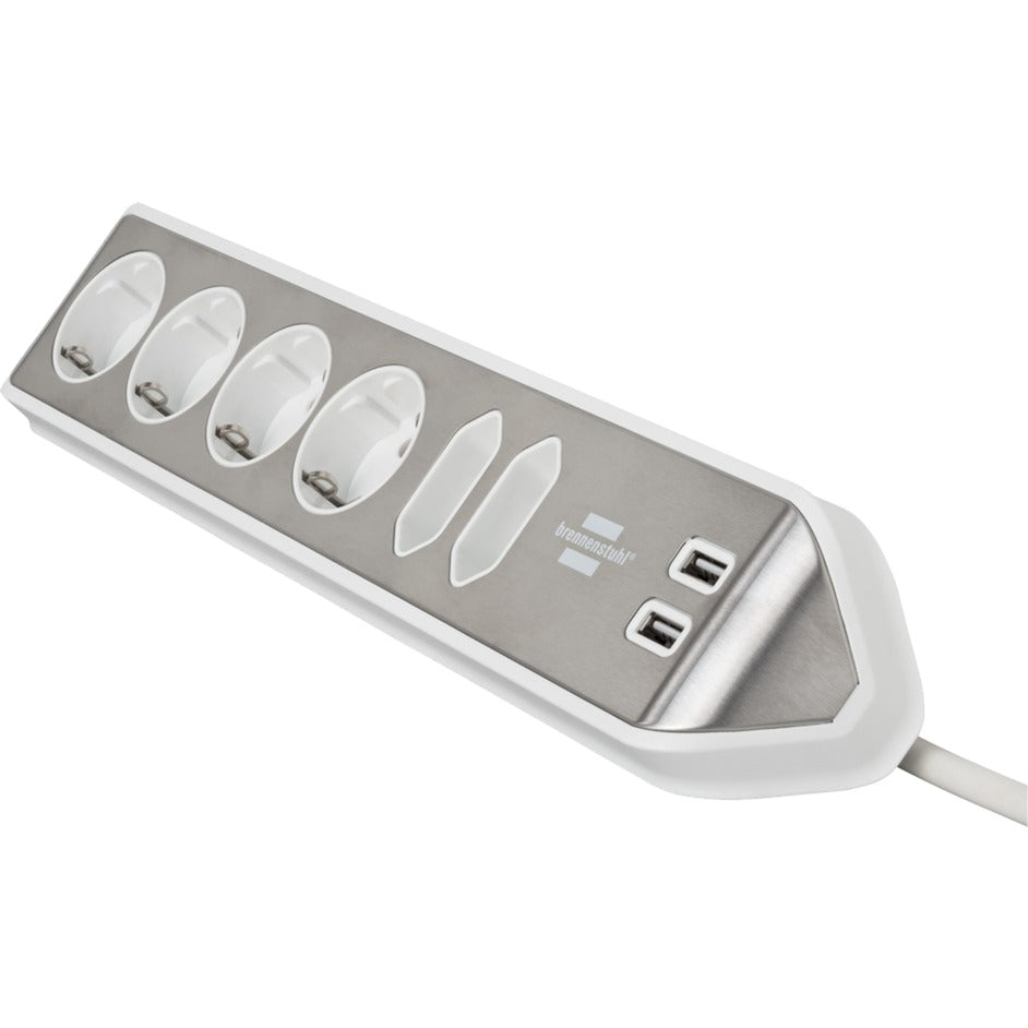 Brennenstuhl estilo hoekstopcontact 4-voudig met usb-oplaadfunctie stekkerdoos (wit roestvrij staal)