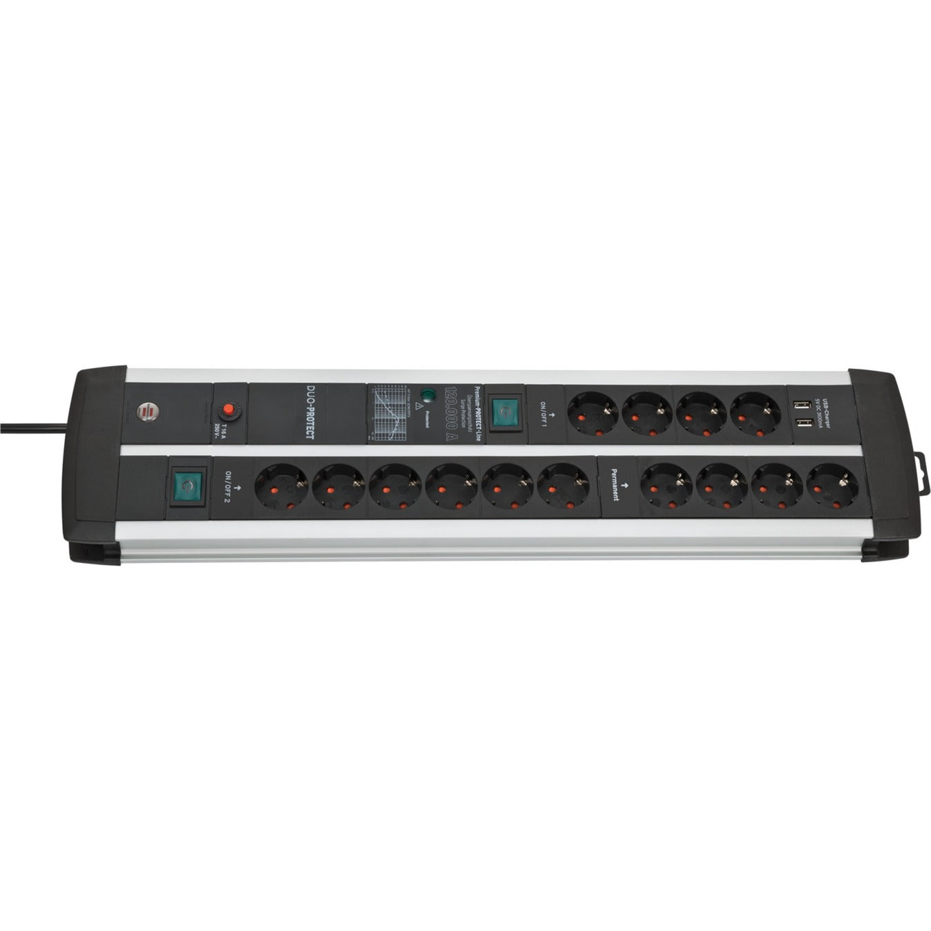 Brennenstuhl premium-protect-line 14-voudige stekkerdoos met overspanningsbeveiliging en usb-poorten (usb a-poorten 5v 3,10a, 15,5w, 2 schakelaars, 3m kabel, made in germany)