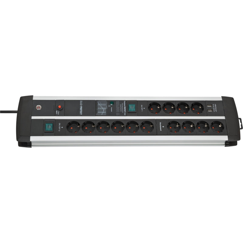Brennenstuhl premium-protect-line 120.000a duo stekkerdoos 14-voudig met overspanningsbeveiliging en usb stekkerdoos (zwart zilver, 2x usb, 3 meter)