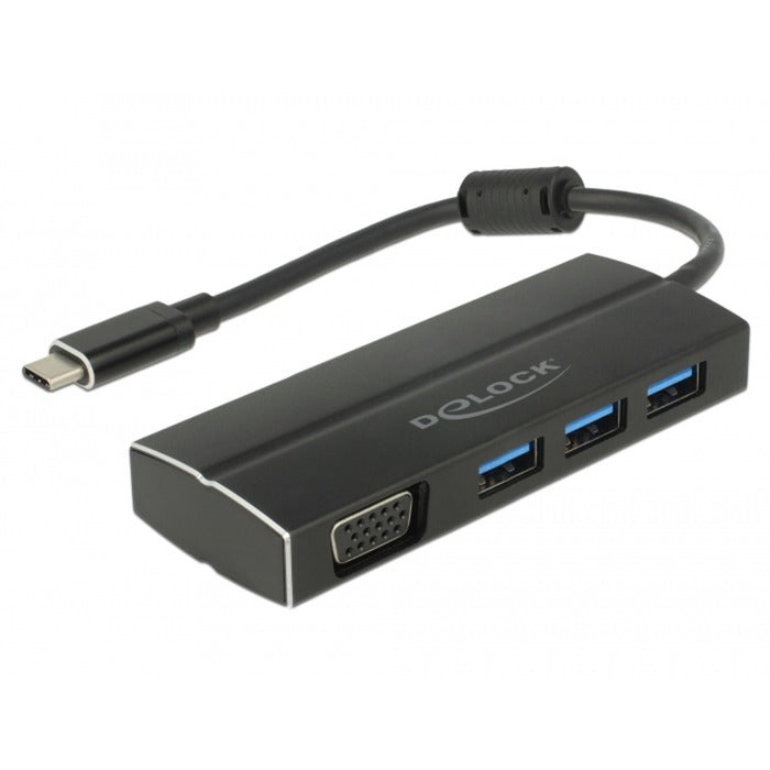 Delock usb-c 3.1 > 3x usb-a 3.0 + 1x vga usb-hub (zwart, 0,15 meter)
