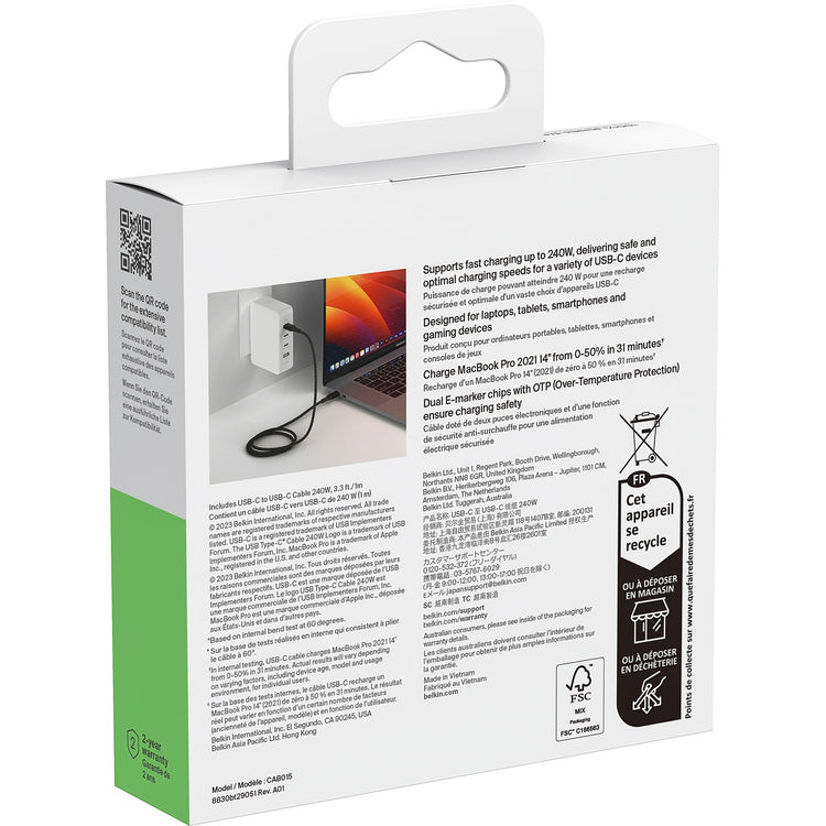 Belkin boostcharge usb-c > usb-c kabel (zwart, 1 meter, 240 w)