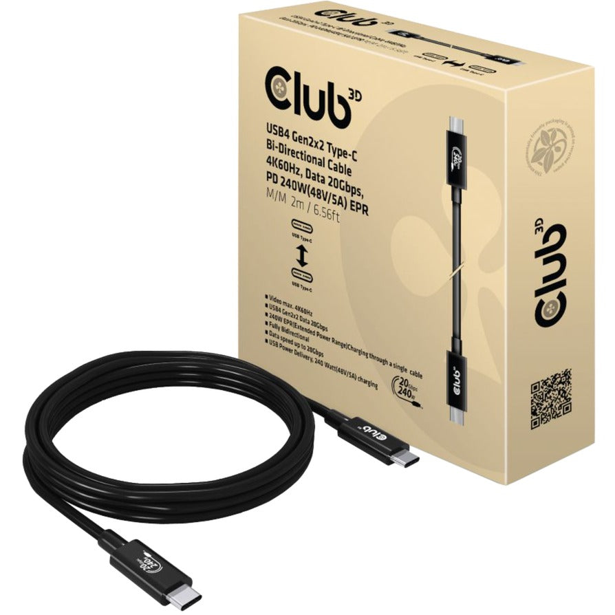 Club 3d gecertificeerd usb4 gen 2x2 kabel (zwart, 2 meter, 240 w)