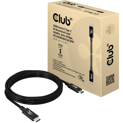 Club 3d gecertificeerd usb4 gen 2x2 kabel (zwart, 2 meter, 240 w)