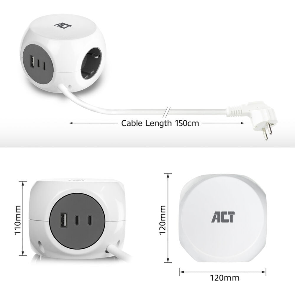 Act connectivity stekkerdoos kubus met 3 stopcontacten, 30w power delivery usb-c a poorten, kabellengte 1,5m stekkerdoos (wit, type f)