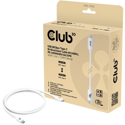 Club 3d usb-c 80gbps certified 240w 8k 240hz kabel (wit, 1.2m)