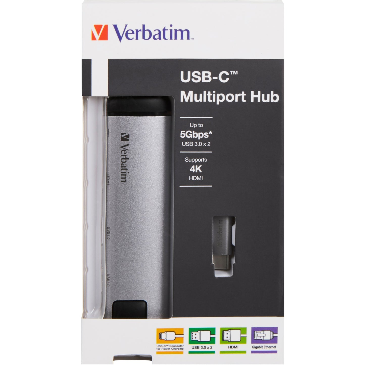 Verbatim usb 3.2 gen 1 multiport hub, usb-c > 2x usb-a + usb-c + hdmi + rj-45 usb-hub (zilver zwart, pd, opladen tot 100 watt)