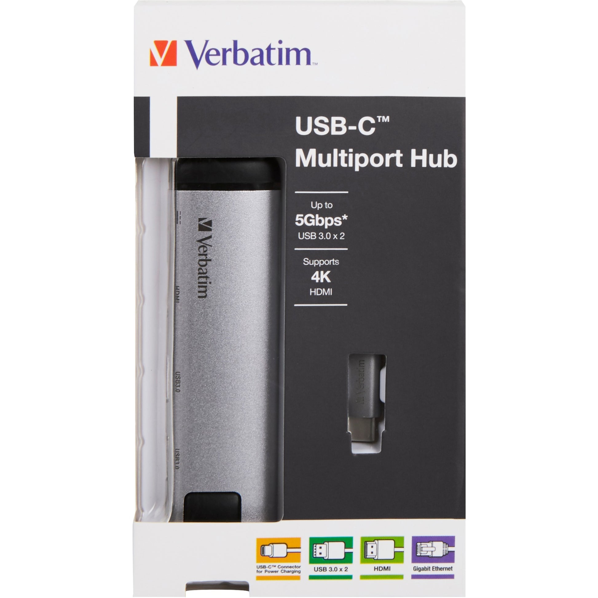 Verbatim usb 3.2 gen 1 multiport hub, usb-c > 2x usb-a + usb-c + hdmi + rj-45 usb-hub (zilver zwart, pd, opladen tot 100 watt)