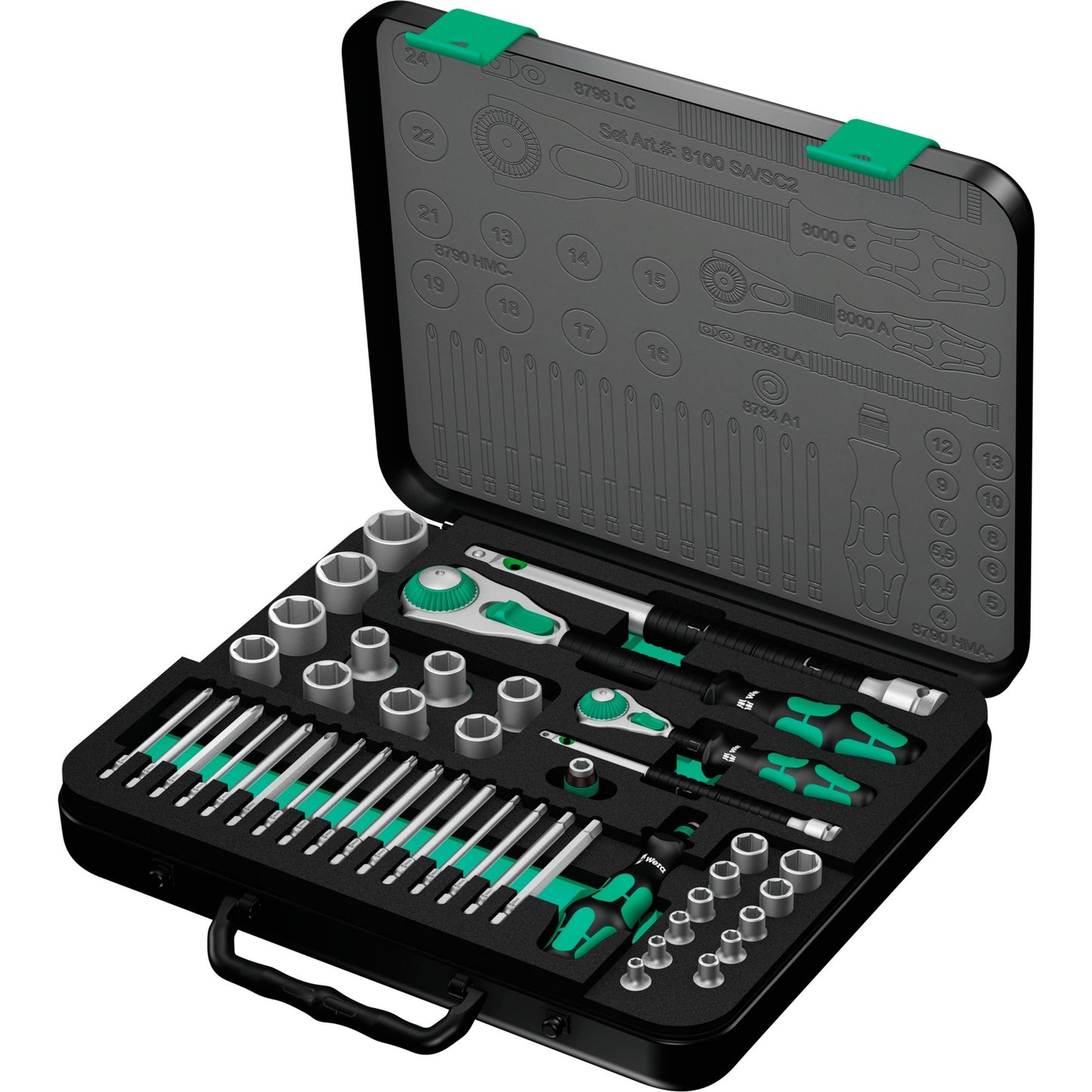 Wera 8100 sa sc 2 zyklop doppenset gereedschapsset (zwart groen, 43-delig, snelheidsratel met draaibare kop)