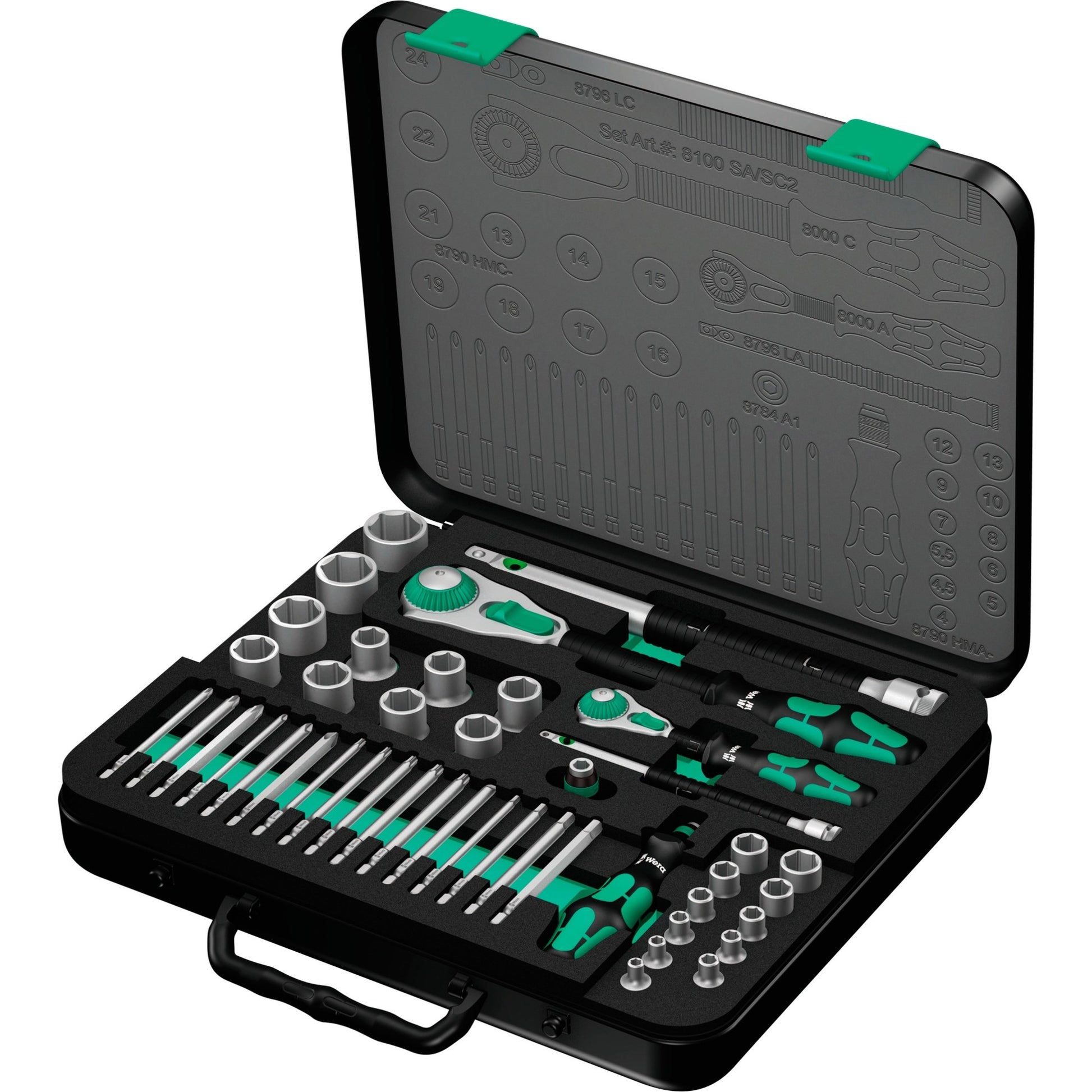 Wera 8100 sa sc 2 zyklop doppenset gereedschapsset (zwart groen, 43-delig, snelheidsratel met draaibare kop)