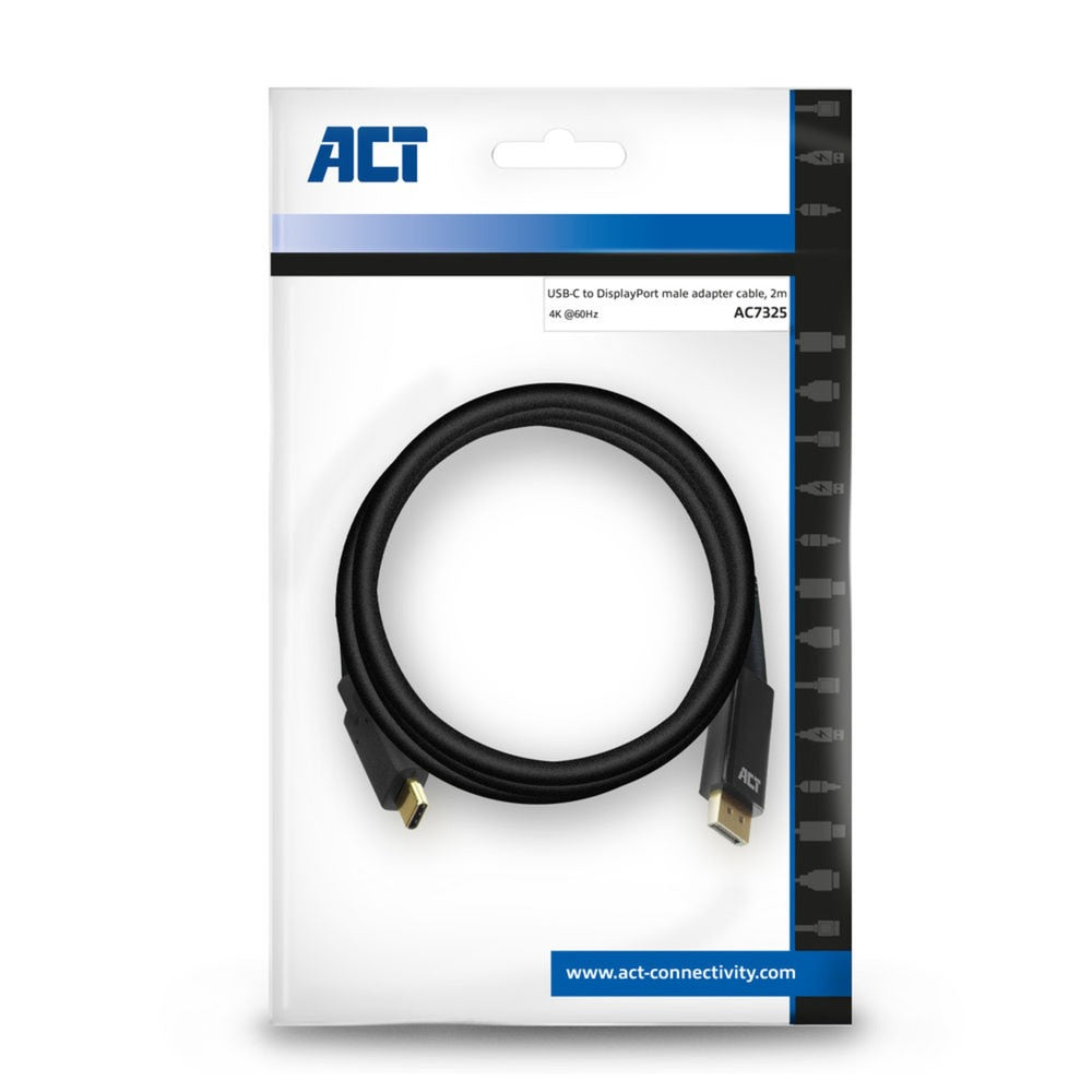 Act connectivity usb-c naar displayport kabel (zwart, 2 meter, ac7325, 60hz 4k (2160p))