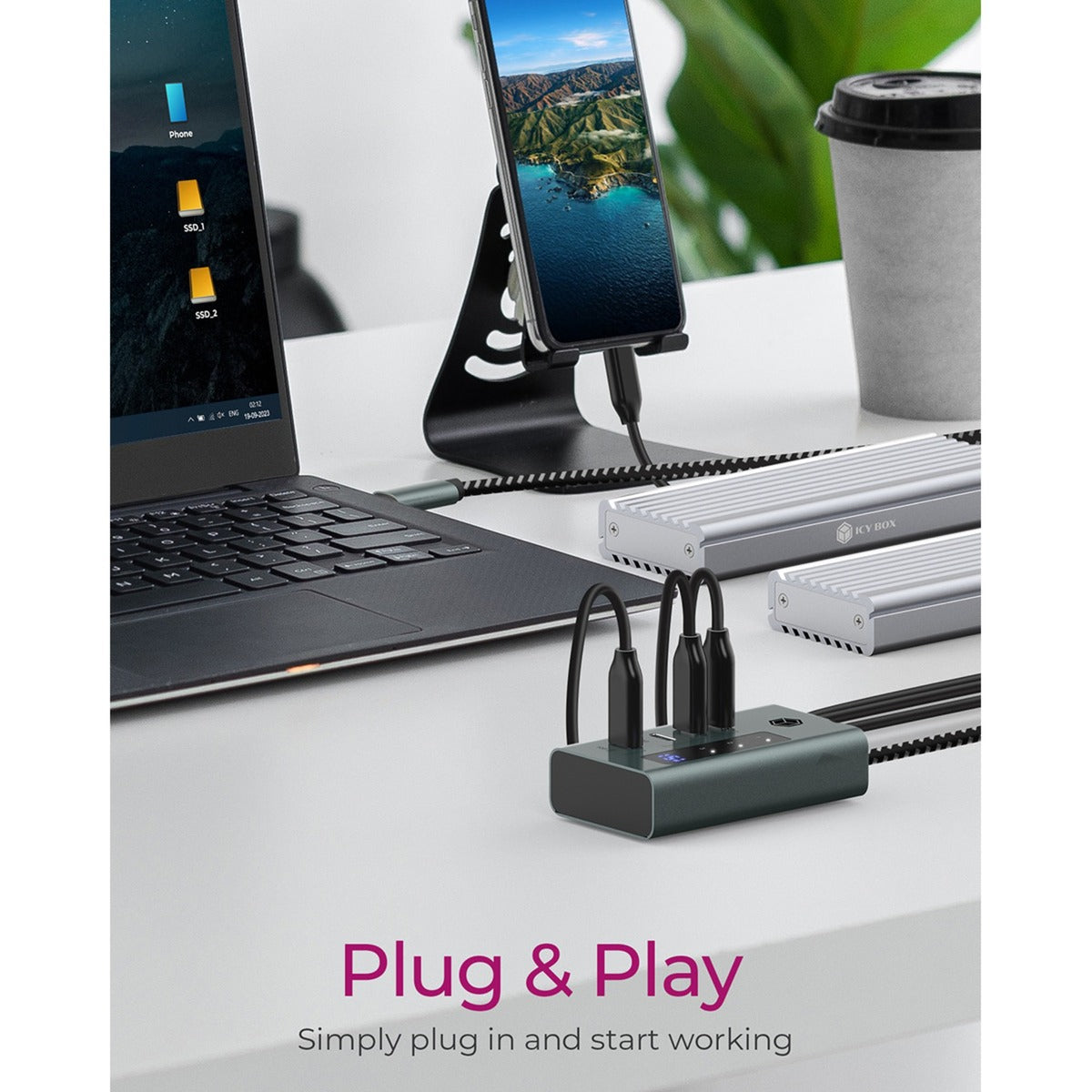 Icy box ib-hub1454-c31 usb-hub (grijs blauwgrijs, 4x usb-c 3.2 (10 gbit s))