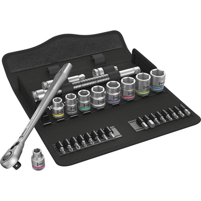 Wera 8100 sb 8 zyklop metal-ratelset, 29‑delig gereedschapsset (zwart zilver, omschakelpal, 3 8 -aandrijving, metrisch)