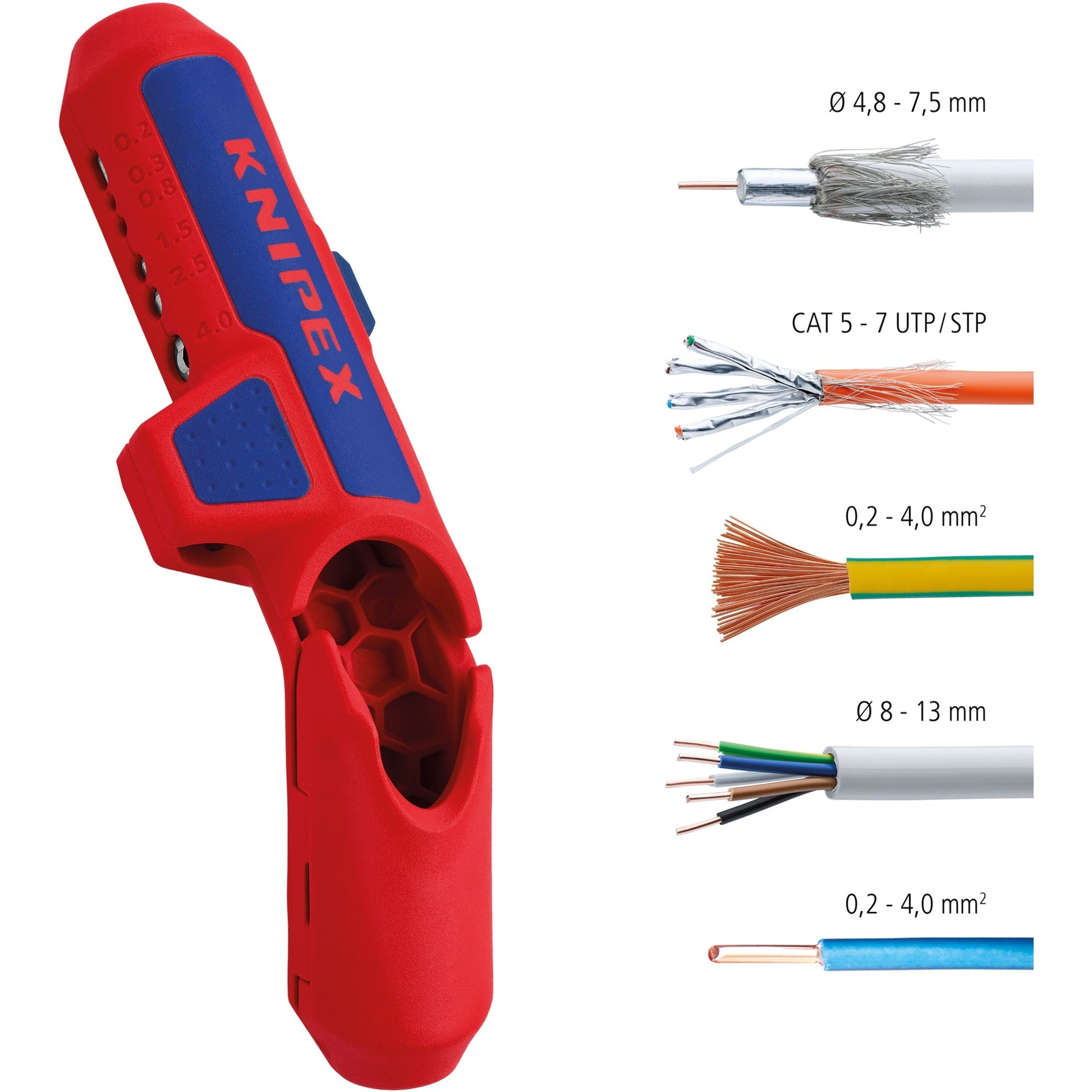 Knipex 16 95 01 sb ergostrip kabelstripper geschikt voor: ronde kabel, kabel voor vochtige ruimte, datakabel, coaxkabel