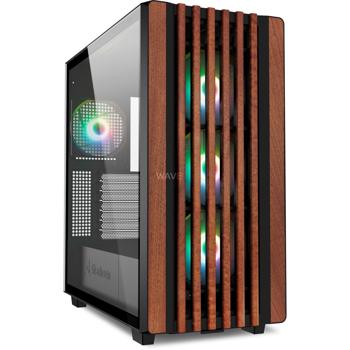 Sharkoon rebel c70g rgb midi tower behuizing (zwart houtkleur | 2x usb-a | 1x usb-c | rgb | tempered glass)