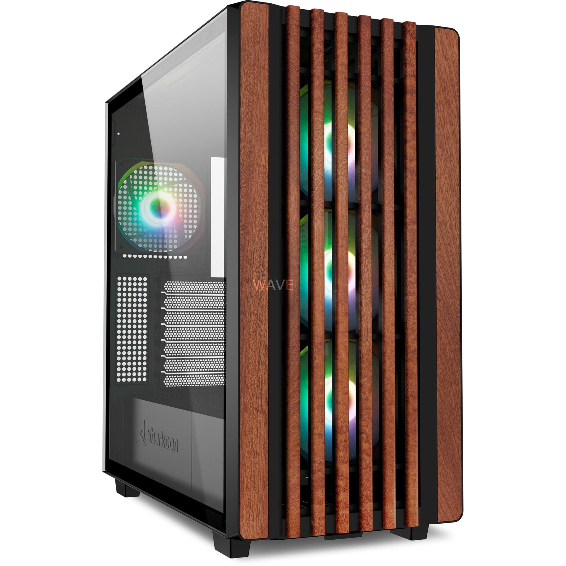 Sharkoon rebel c70g rgb midi tower behuizing (zwart houtkleur | 2x usb-a | 1x usb-c | rgb | tempered glass)