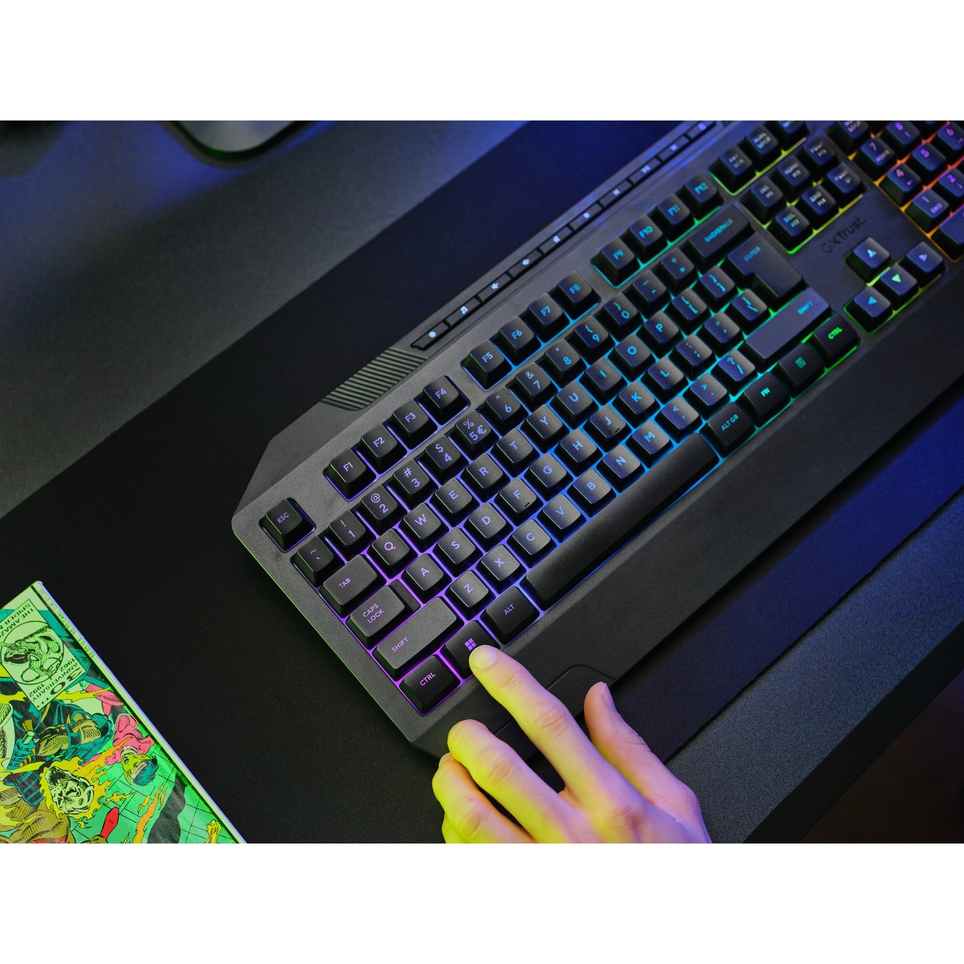 Trust gxt 836 evocx rgb gaming toetsenbord (zwart, us lay-out (qwerty), membraan, 100%, rgb)