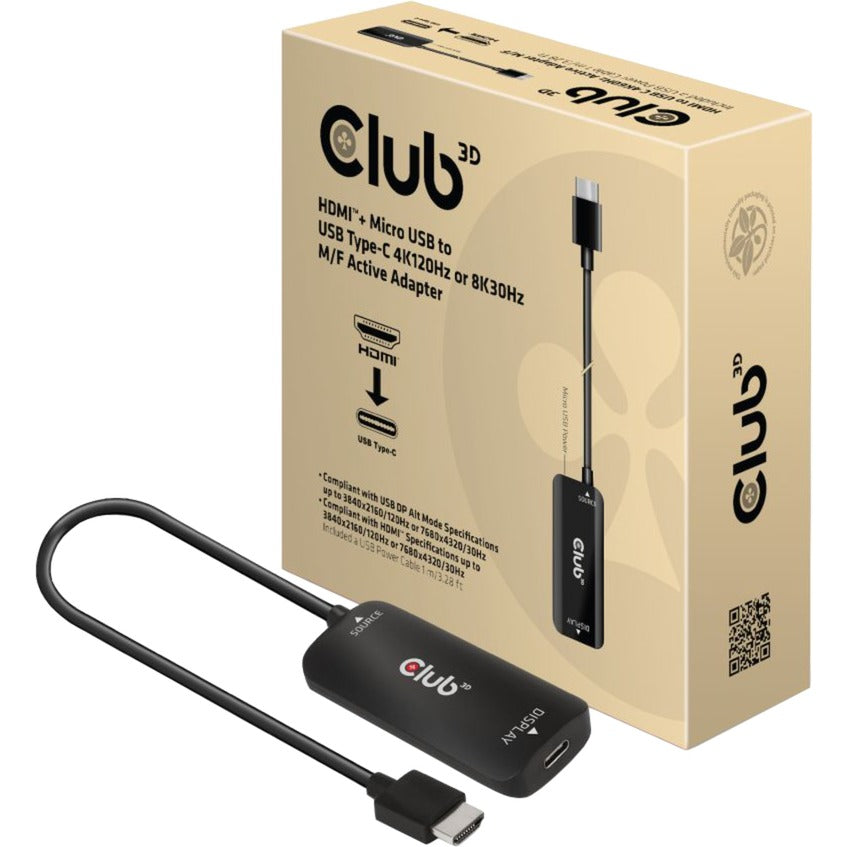 Club 3d hdmi + micro-usb naar usb-c adapter (zwart)