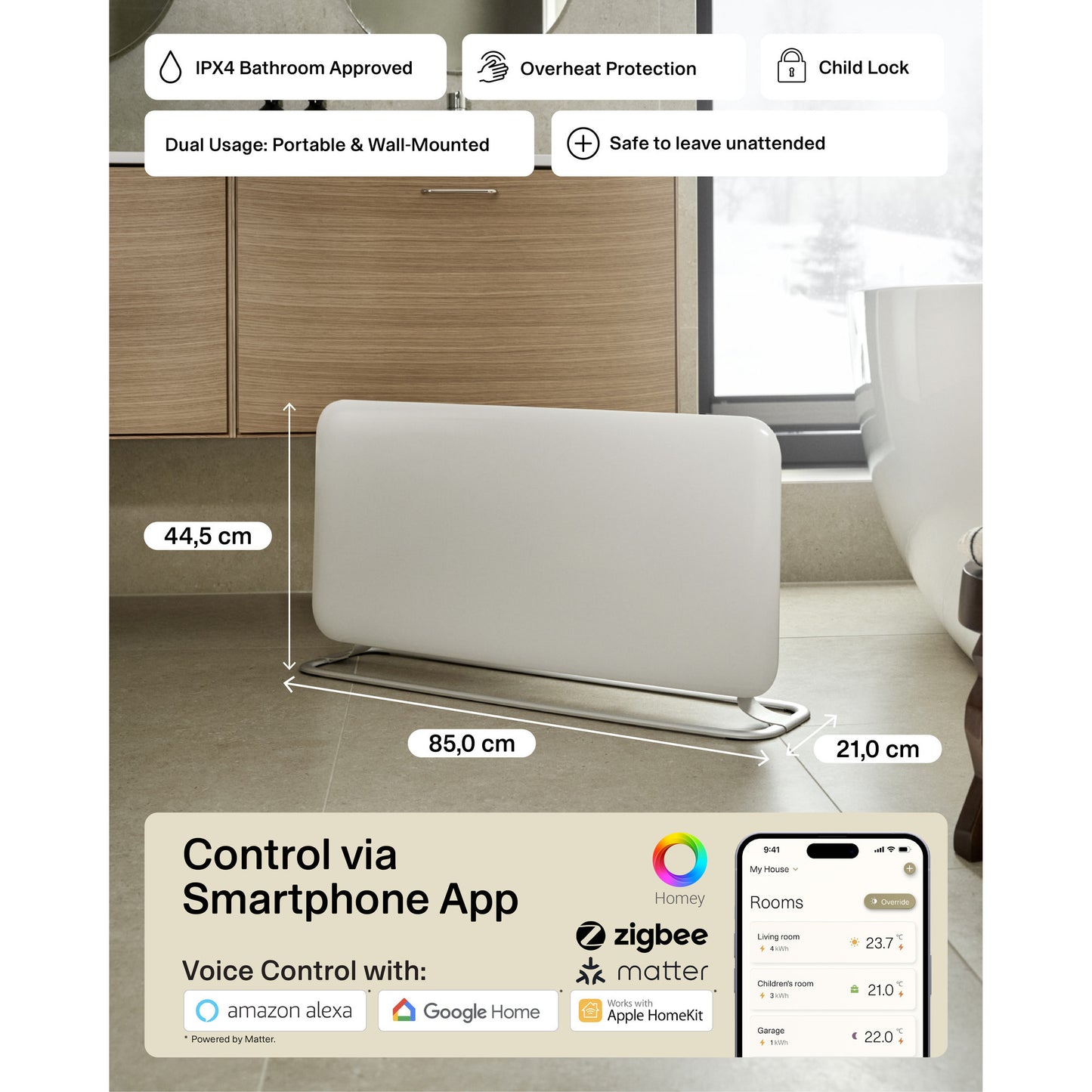 Mill steel wifi paneelverwarming pa1500wifi4a met voet, 1500 watt convector (wit, wifi 2,4 ghz (wifi 6), bluetooth 5.2, zigbee 3.0 + app)