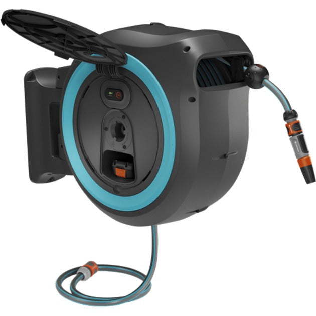 Gardena 35 m wand-slangenbox powerroll xl slanghaspel (grijs turquoise, 35 meter, accu en oplader niet inbegrepen, power for all alliance)