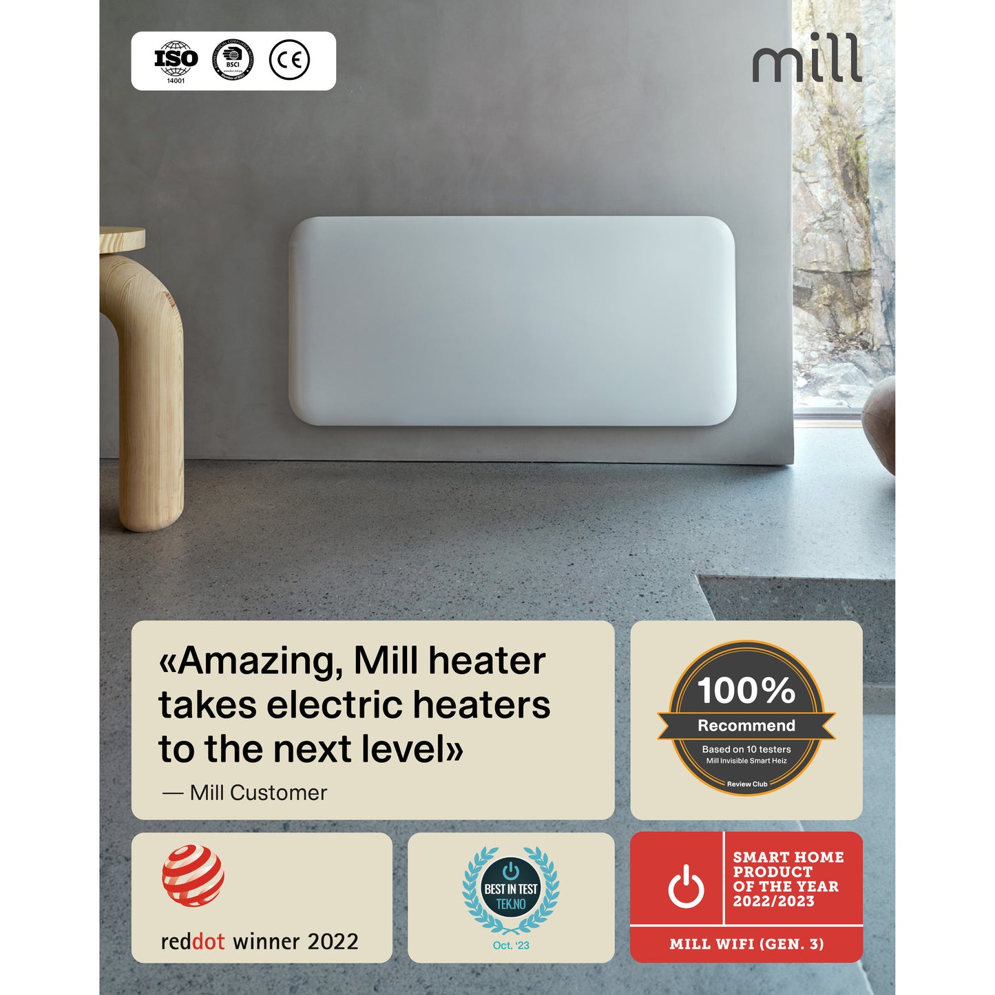 Mill steel wifi paneelverwarming pa1500wifi4a met voet, 1500 watt convector (wit, wifi 2,4 ghz (wifi 6), bluetooth 5.2, zigbee 3.0 + app)