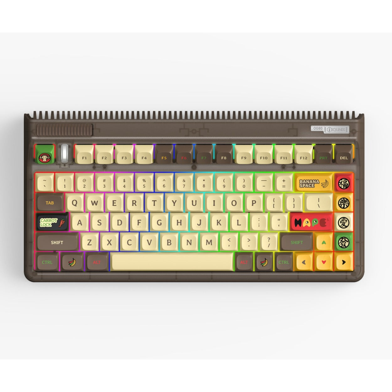 Iqunix og80 happy ape wireless mechanical keyboard (zwart, us lay-out (qwerty), iqunix moonstone turbo, 80% (tkl), rgb leds, hot-swappable, pbt, 2.4ghz | bluetooth 5.1 | usb-c)