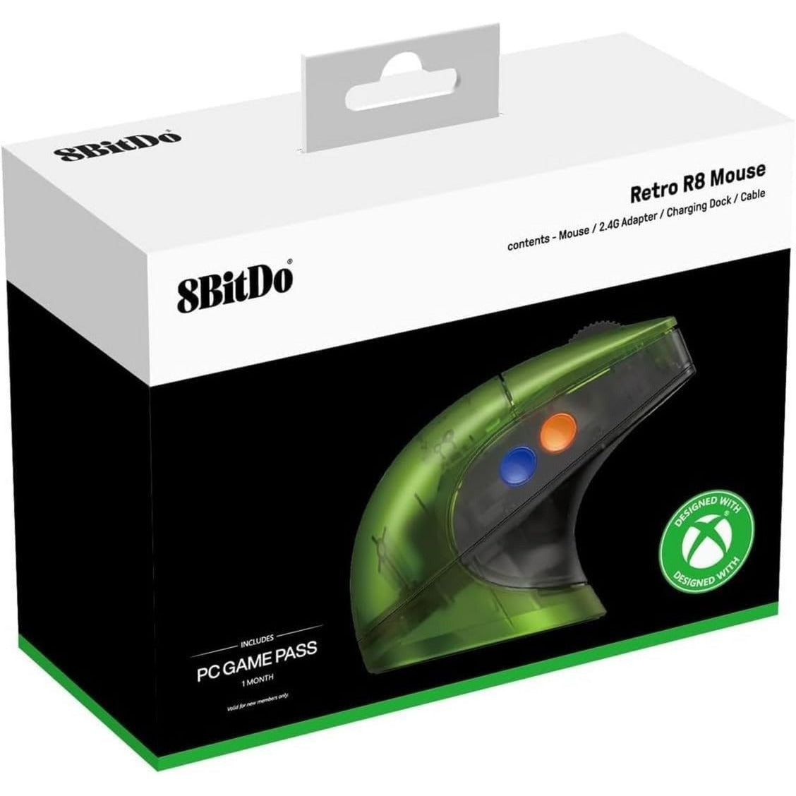 8bitdo retro r8 mouse - xbox edition (groen, 50 - 26000 dpi, bluetooth usb-c 2.4 ghz)