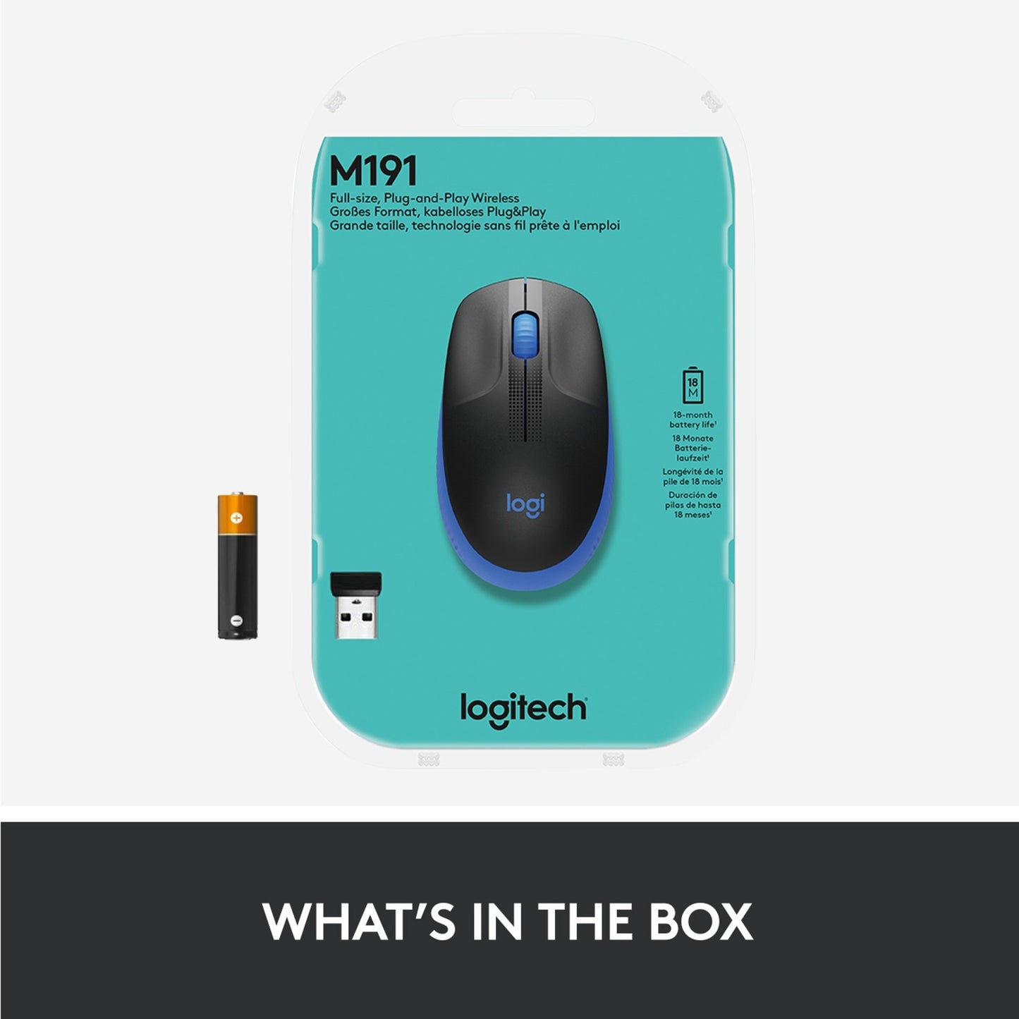 Logitech m190 full-size wireless mouse (blauw, 1000 dpi)