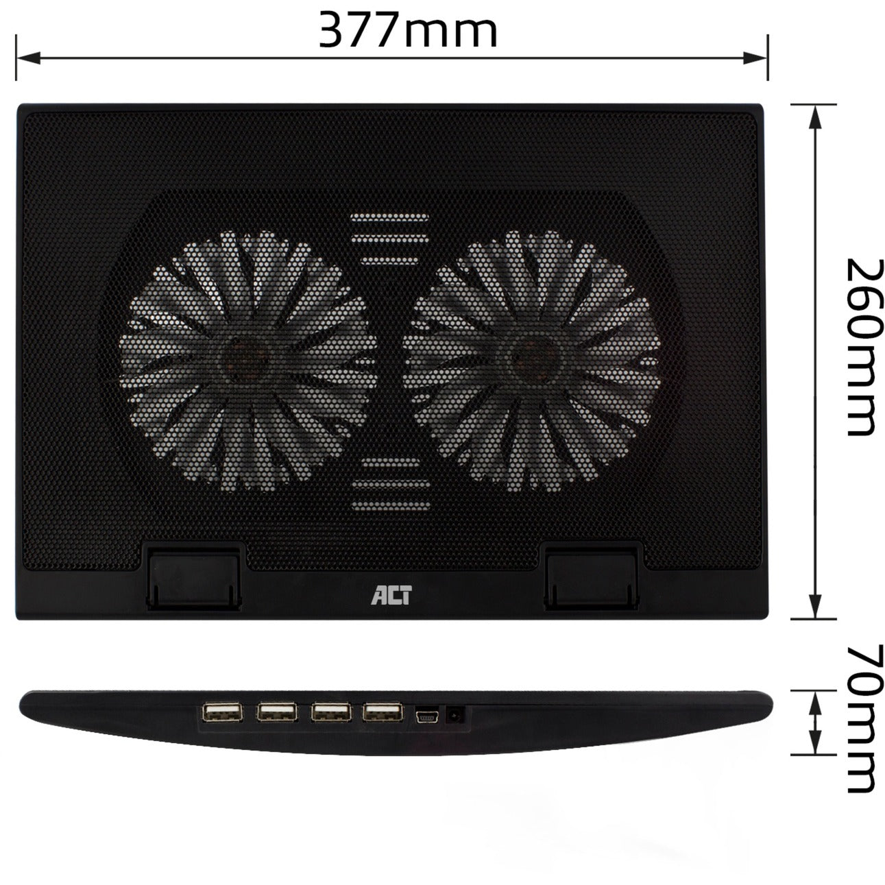 Act connectivity laptopstandaard, met ventilator, hoogte verstelbaar in 2 standen (zwart, 4-poorts usb 2.0 hub)