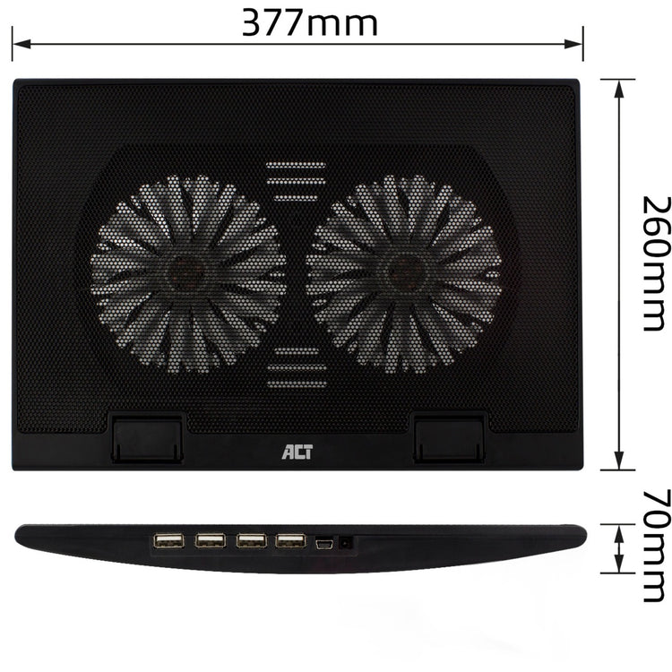 Act connectivity laptopstandaard, met ventilator, hoogte verstelbaar in 2 standen (zwart, 4-poorts usb 2.0 hub)