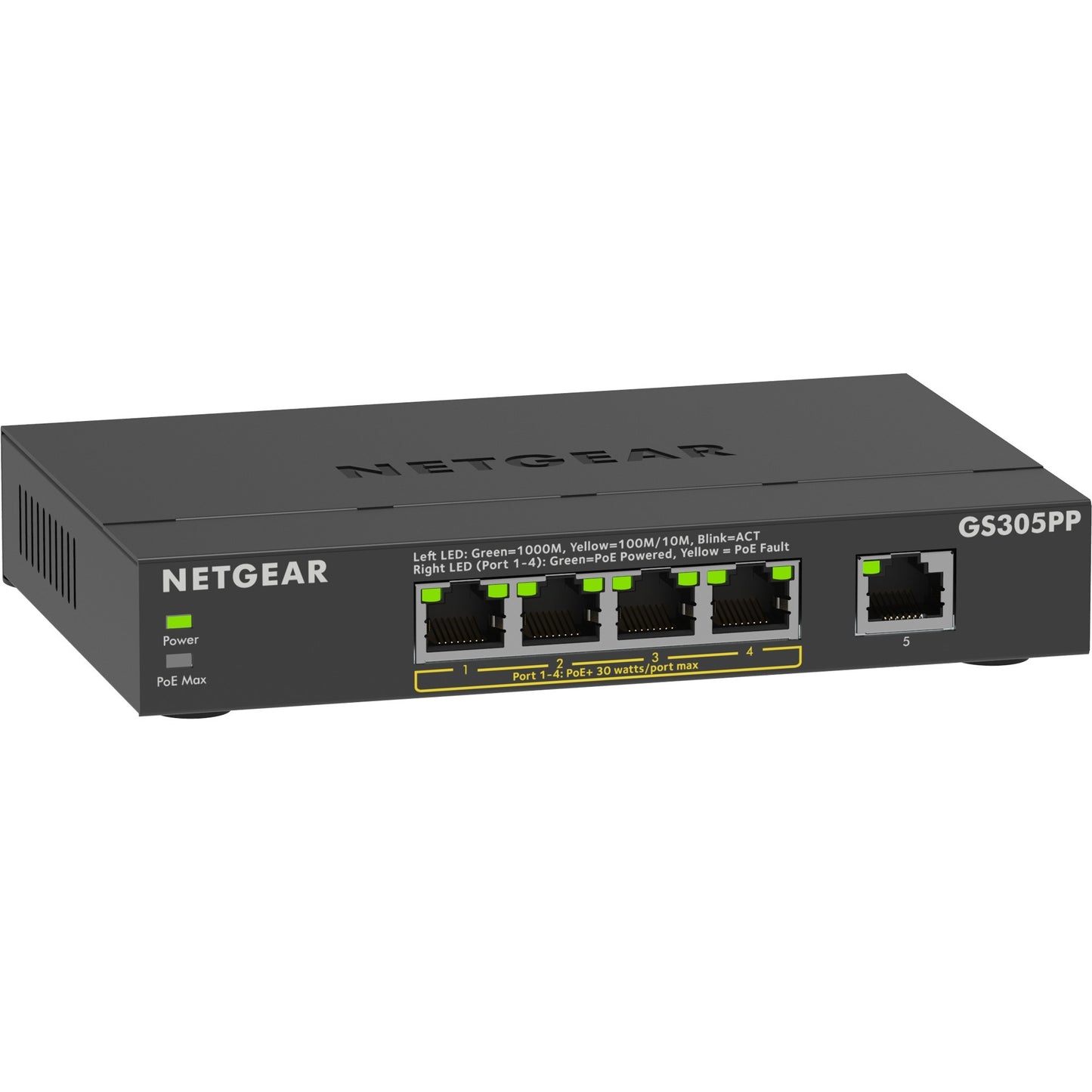 Netgear 5-port gigabit ethernet poe+ unmanaged switch (gs305pp) (zwart)