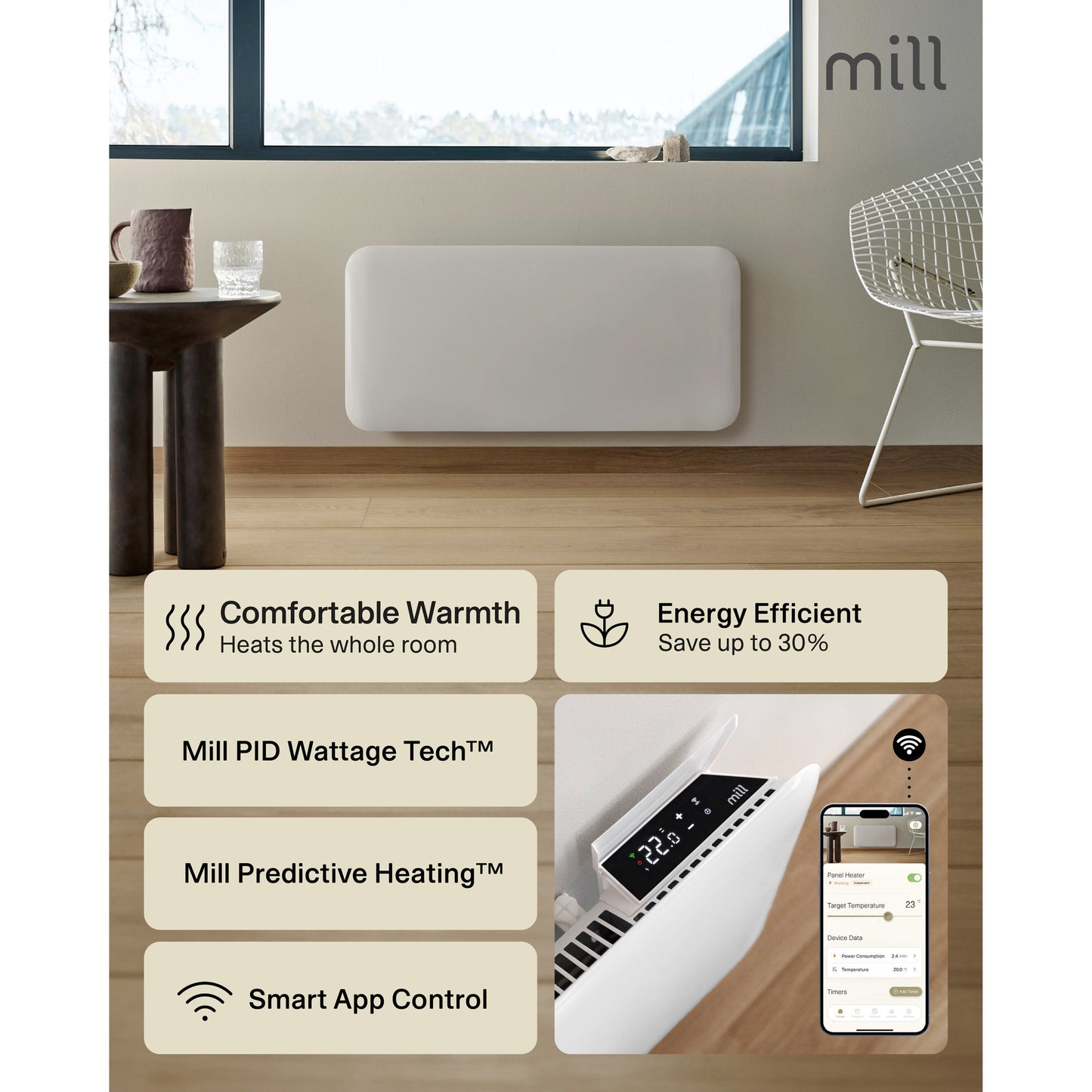 Mill steel wifi paneelverwarming pa1500wifi4a met voet, 1500 watt convector (wit, wifi 2,4 ghz (wifi 6), bluetooth 5.2, zigbee 3.0 + app)