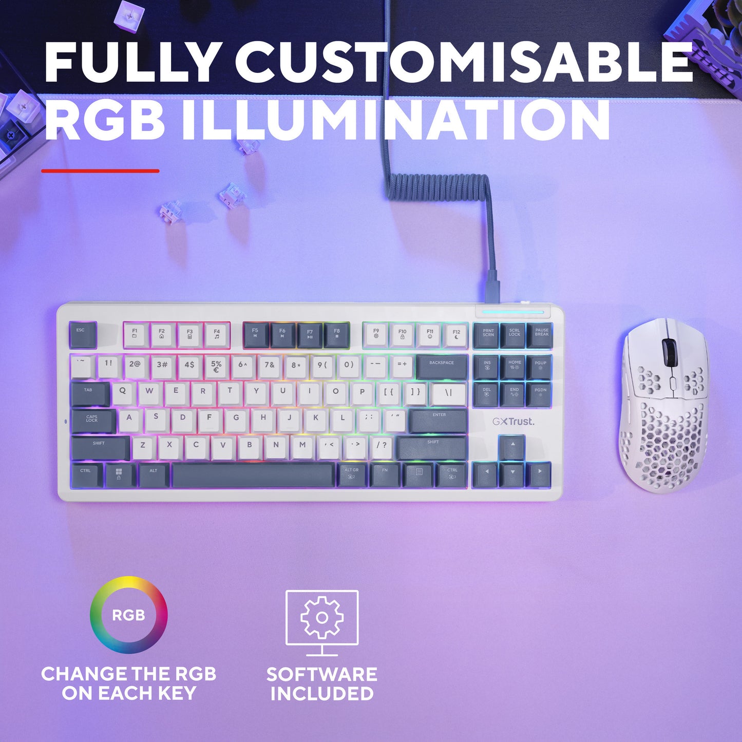 Trust gxt 872 xyra mechanisch tkl-gamingtoetsenbord (wit, us lay-out (qwerty), leobog seiya, 80% (tkl), rgb, hot swap)