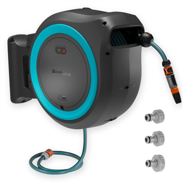 Gardena 35 m wand-slangenbox powerroll xl slanghaspel (grijs turquoise, 35 meter, accu en oplader niet inbegrepen, power for all alliance)