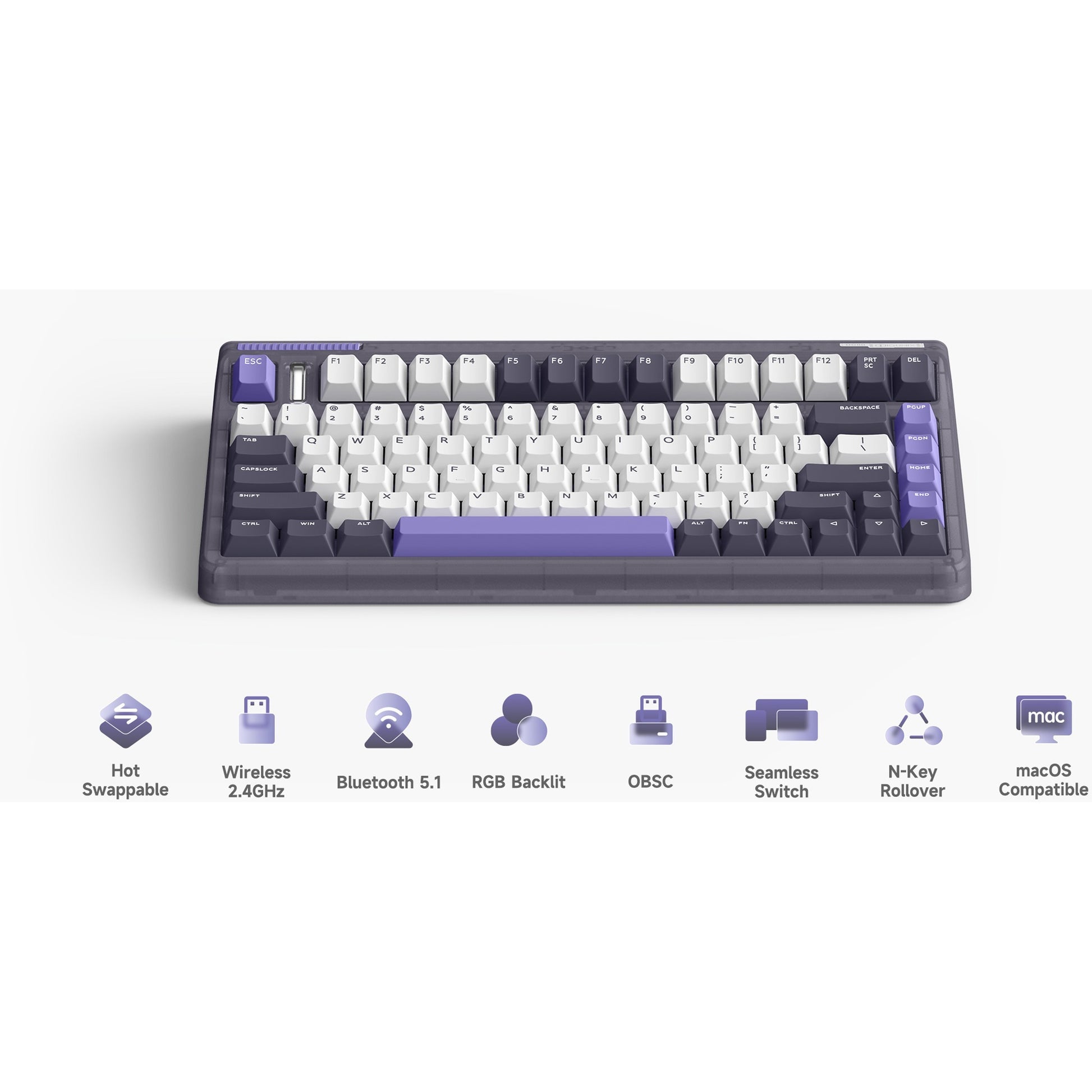 Iqunix og80 lavandin wireless mechanical keyboard (lavendel, us lay-out (qwerty), cherry mx brown, 80% (tkl), hot-swappable, pbt, 2.4ghz | bluetooth 5.1 | usb-c)