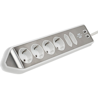 Brennenstuhl ®estilo hoekaansluitdoosstrook met usb laadfunctie 6-weg 4x beschermende contactdozen 2x euro zilver wit
