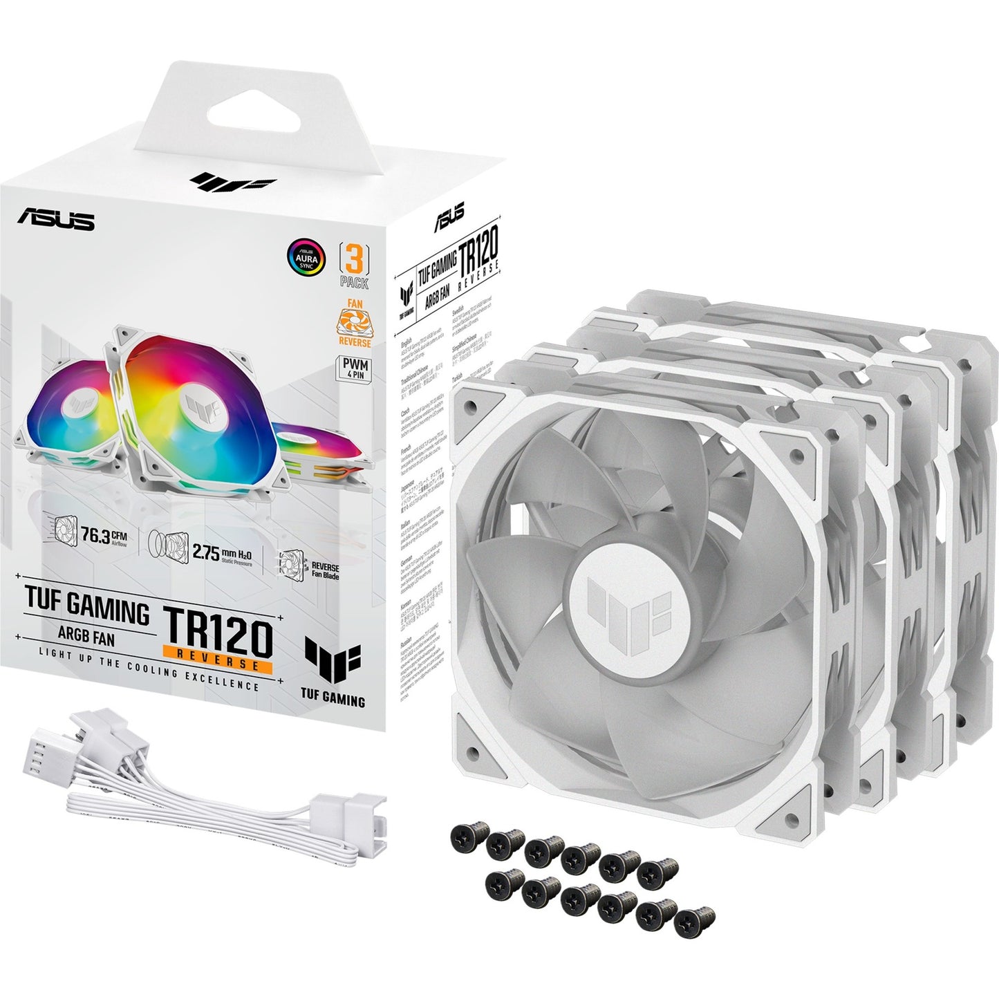 Asus tuf gaming tr120 argb reverse case fans (wit, 3 stuks, 120 x 120 x 28 mm)