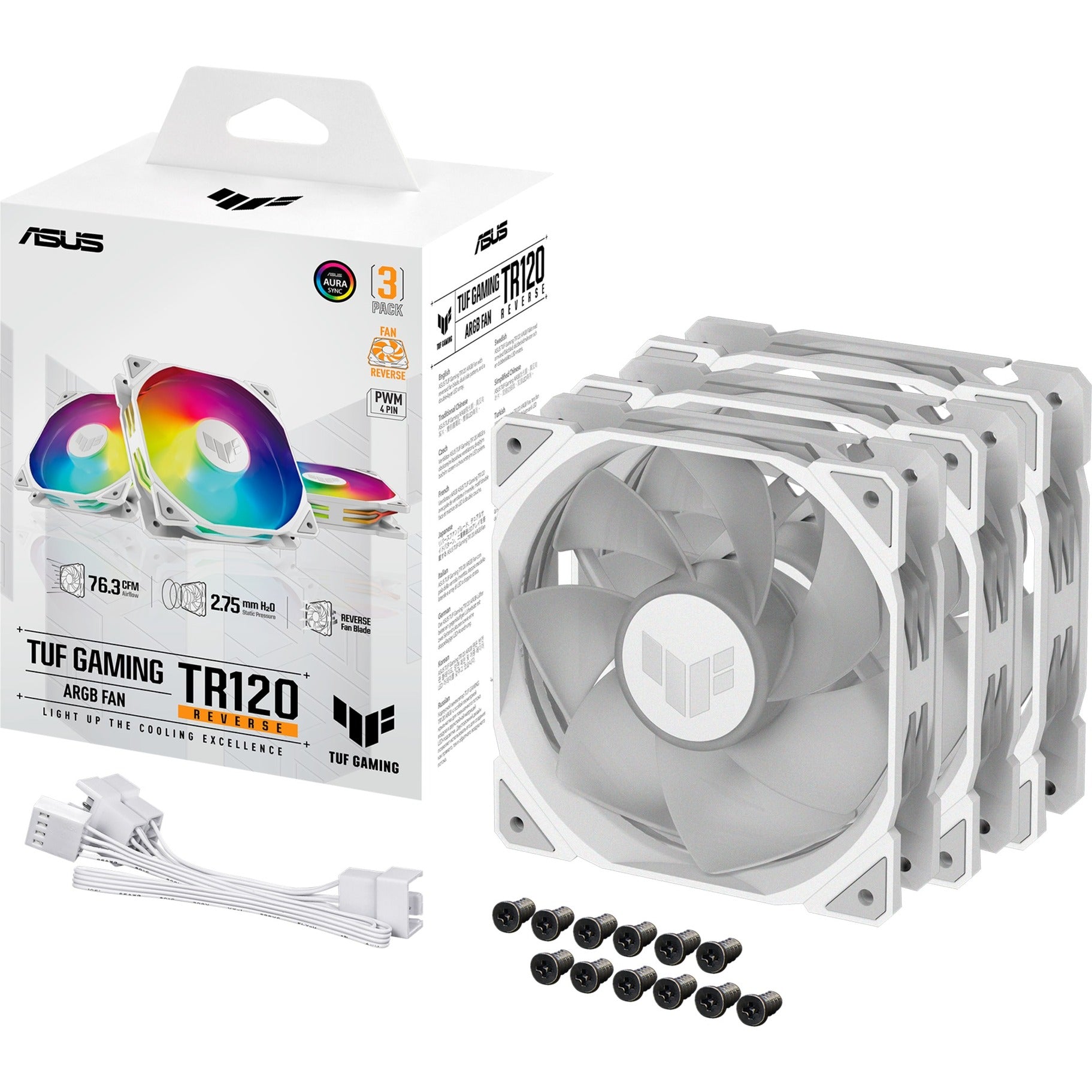 Asus tuf gaming tr120 argb reverse case fans (wit, 3 stuks, 120 x 120 x 28 mm)