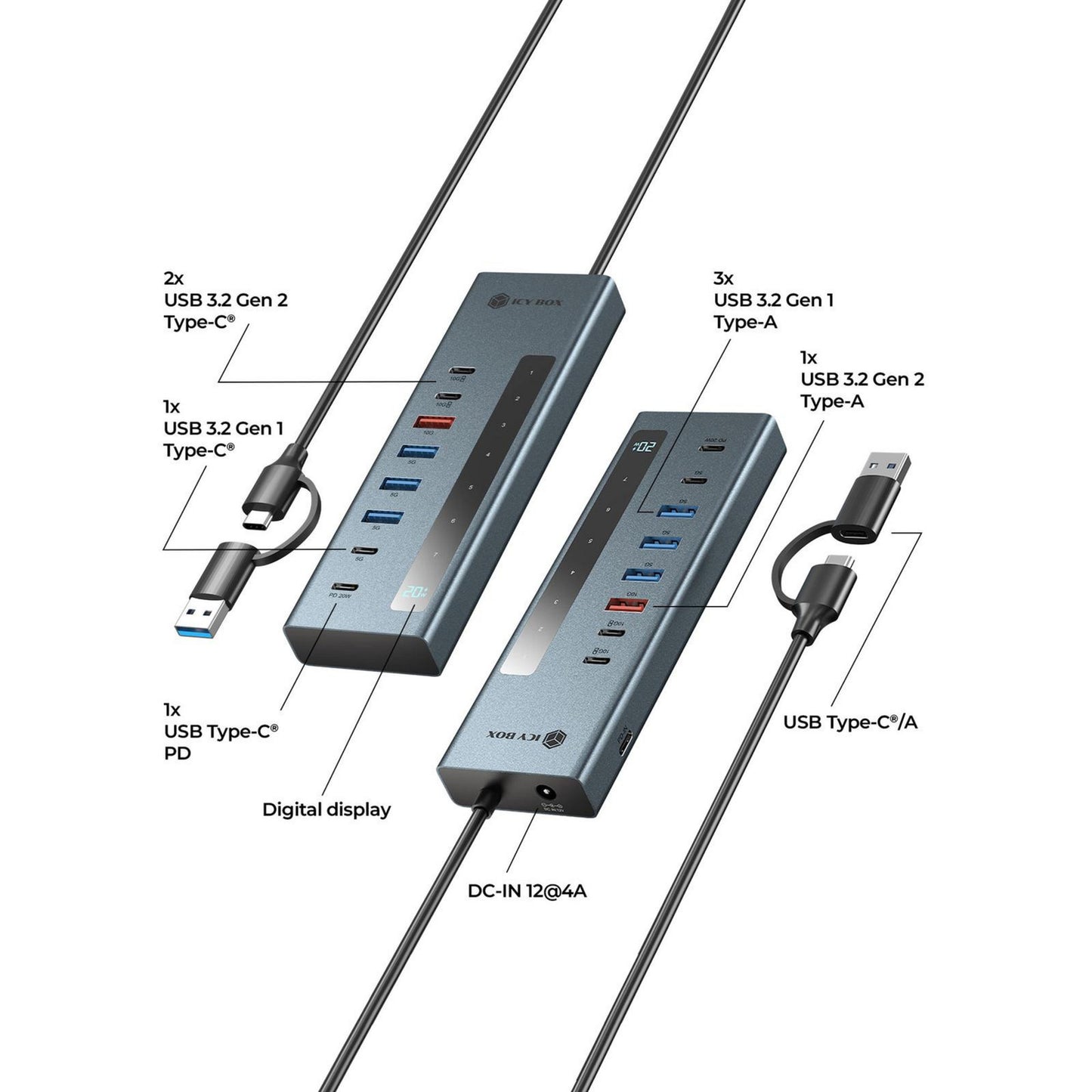 Icy box ib-hub1743-cpd 9-in-1 hub dockingstation (blauw)