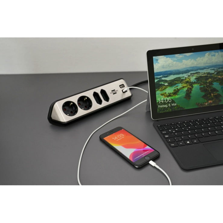 Brennenstuhl ®estilo hoekaansluitdoosstrook met usb laadfunctie 4-weg 2x b eschermend contactdoos 2x euro zilver zwart