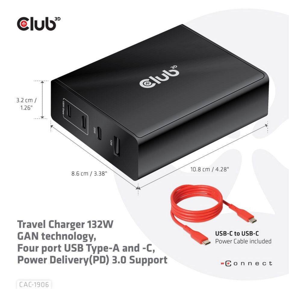 Club 3d travel charger 132w gan technology (zwart, usb-a, usb-c, power delivery (pd) 3.0)