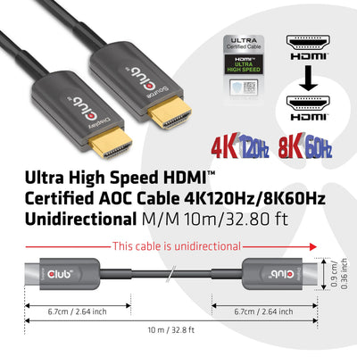 Club 3d gecertificeerde actieve optische ultra high speed hdmi 2.1 kabel (zwart, 10 meter, 8k)