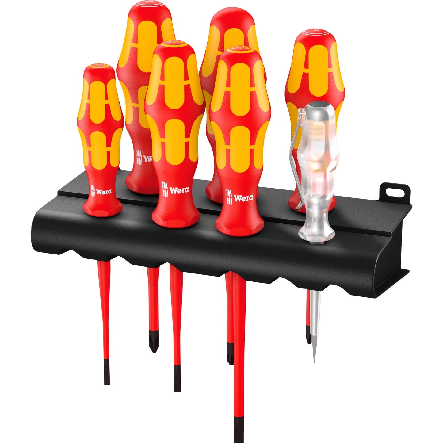 Wera 160 is 7 schroevendraaierset kraftform plus serie 100 (rood geel, eenpolige fasetester, houder, 7‑delig)