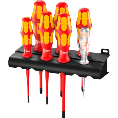 Wera 160 is 7 schroevendraaierset kraftform plus serie 100 (rood geel, eenpolige fasetester, houder, 7‑delig)